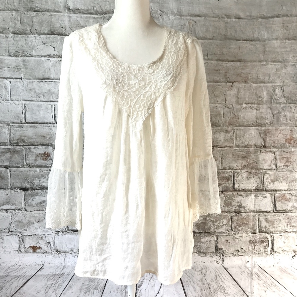 Oh Gussie! Cream Romantic Blouse Cream Gauzy Sz Md